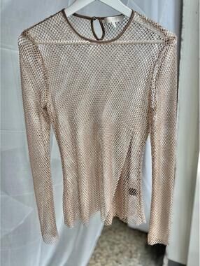 Wayf Mesh Long Sleeve Fishnet Top Sz M Gold Cream
